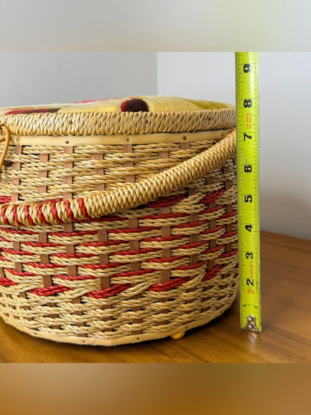 Vintage 1970s Woven Sewing Basket Box Made in Japan Velvet Floral Lid Retro